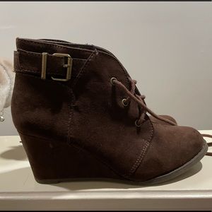 Brown suede low heel ankle boot